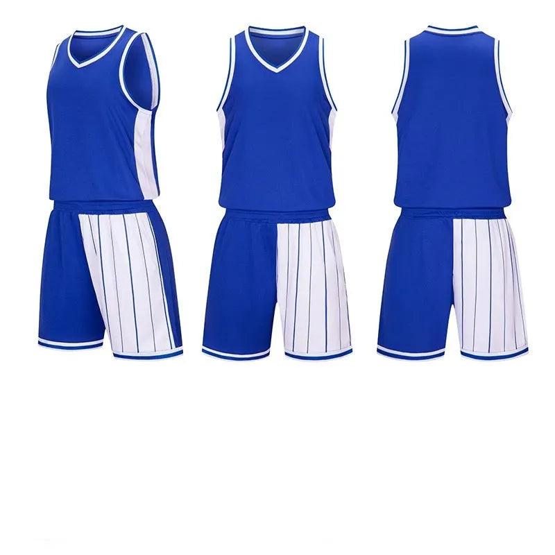 Men's quick-dry basketball uniform set in blue, showing short sleeve top and matching shorts