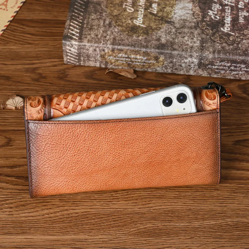 Chinese style embossed floral pattern women's tri-fold wallet in cowhide leather