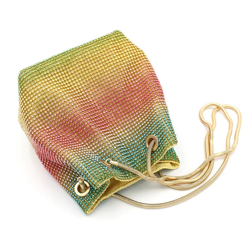 Rainbow rhinestone bucket bag with diamond decoration and soft fabric texture