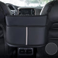 Black genuine leather car seat storage organiser with carbon fibre pattern measuring 38x24x15cm