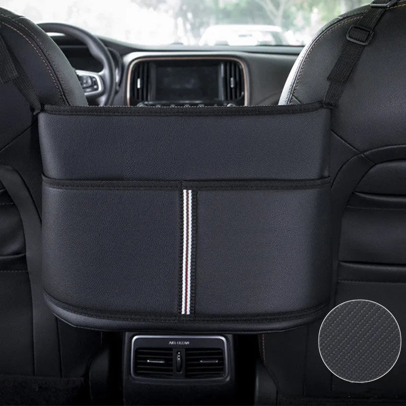 Black genuine leather car seat storage organiser with carbon fibre pattern measuring 38x24x15cm