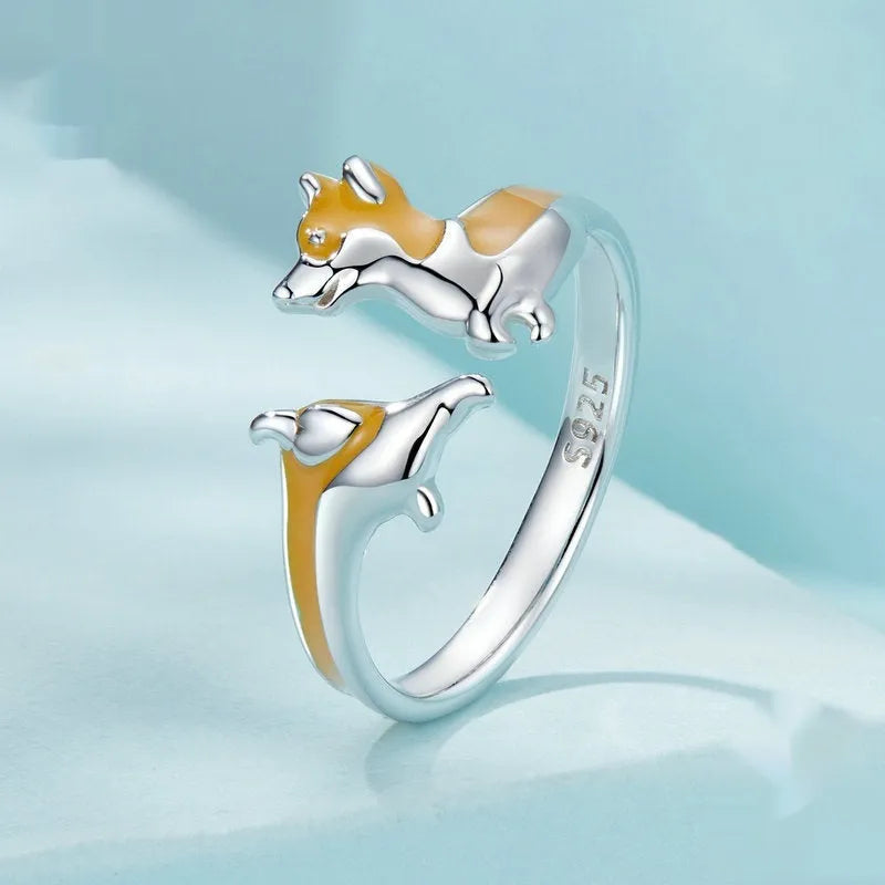 Silver coloured corgi dog cartoon ring for women with electroplated finish