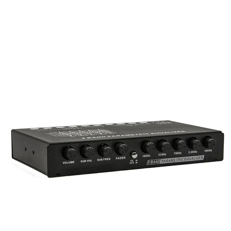 Black car audio EQ equaliser amplifier with control panel showing frequency and volume adjustments
