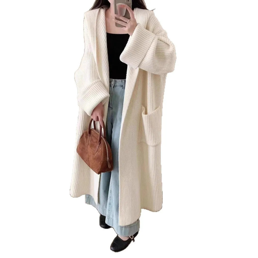 Women's loose-fitting hooded cardigan coat in acrylic fibre, shown in a neutral colour.