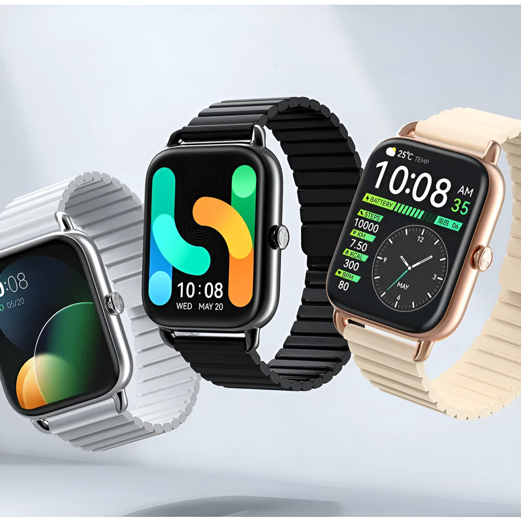 S4PLUS LS11 smart sports watch with AMOLED display shown in black, champagne, or silver colours.