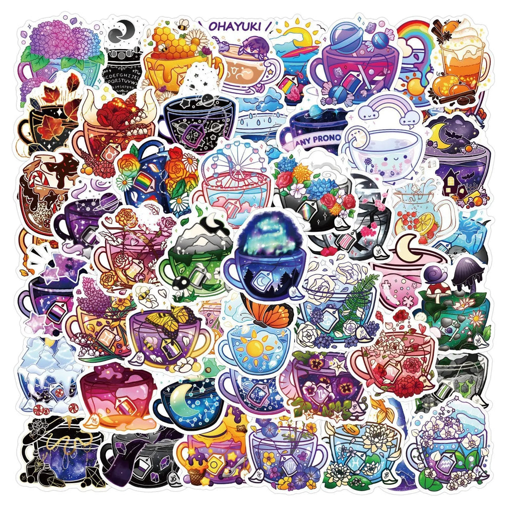 50 colourful graffiti tea cup design waterproof vinyl stickers for DIY personalisation