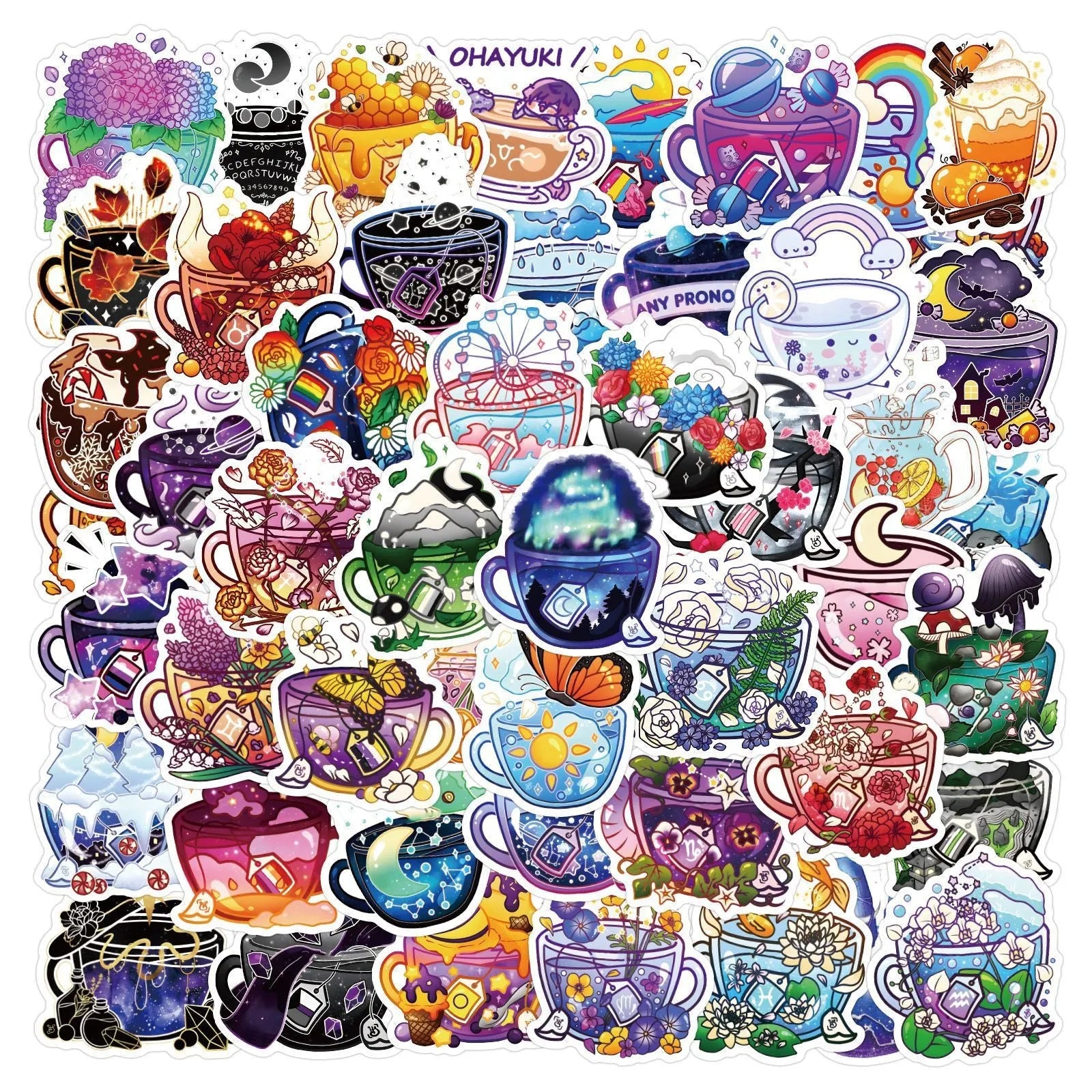 50 colourful graffiti tea cup design waterproof vinyl stickers for DIY personalisation