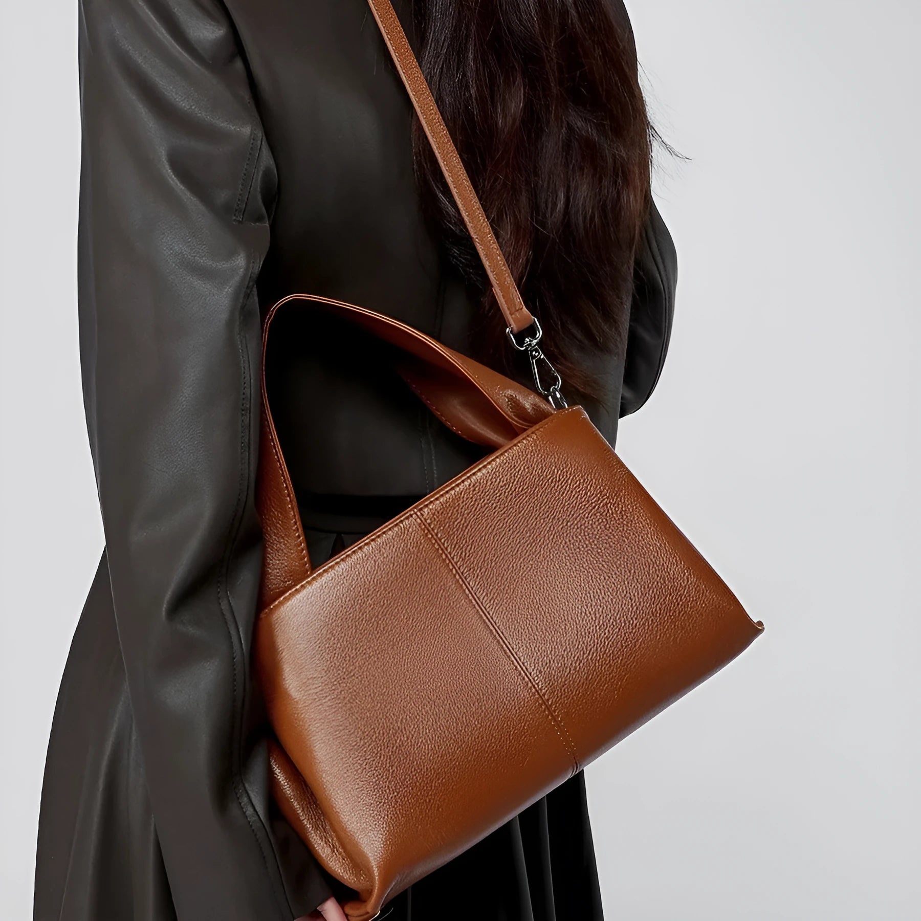 Women's genuine cowhide messenger bag in horizontal square shape with double shoulder straps