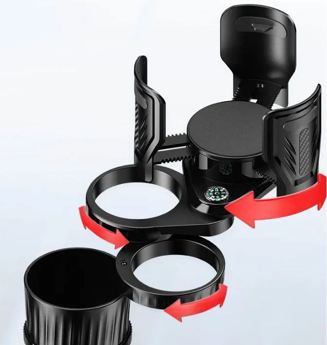 Black carbon fibre finish adjustable car cup holder with retractable base on a car console.