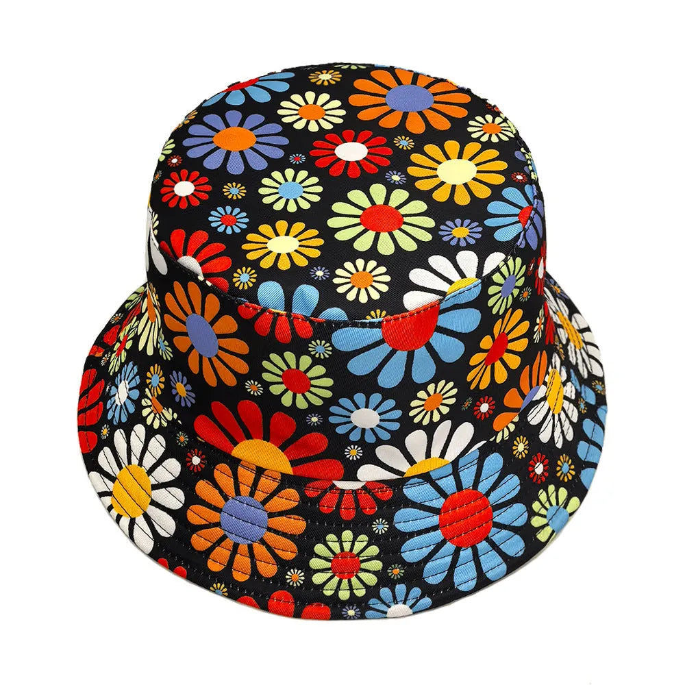 Colourful floral print polyester bucket sun hat with a dome crown, shown on a white background.