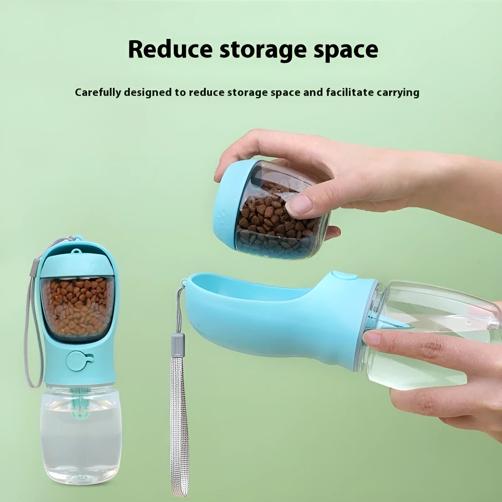 Blue plastic portable dog drinking cup with integrated food storage compartment for walks and travel