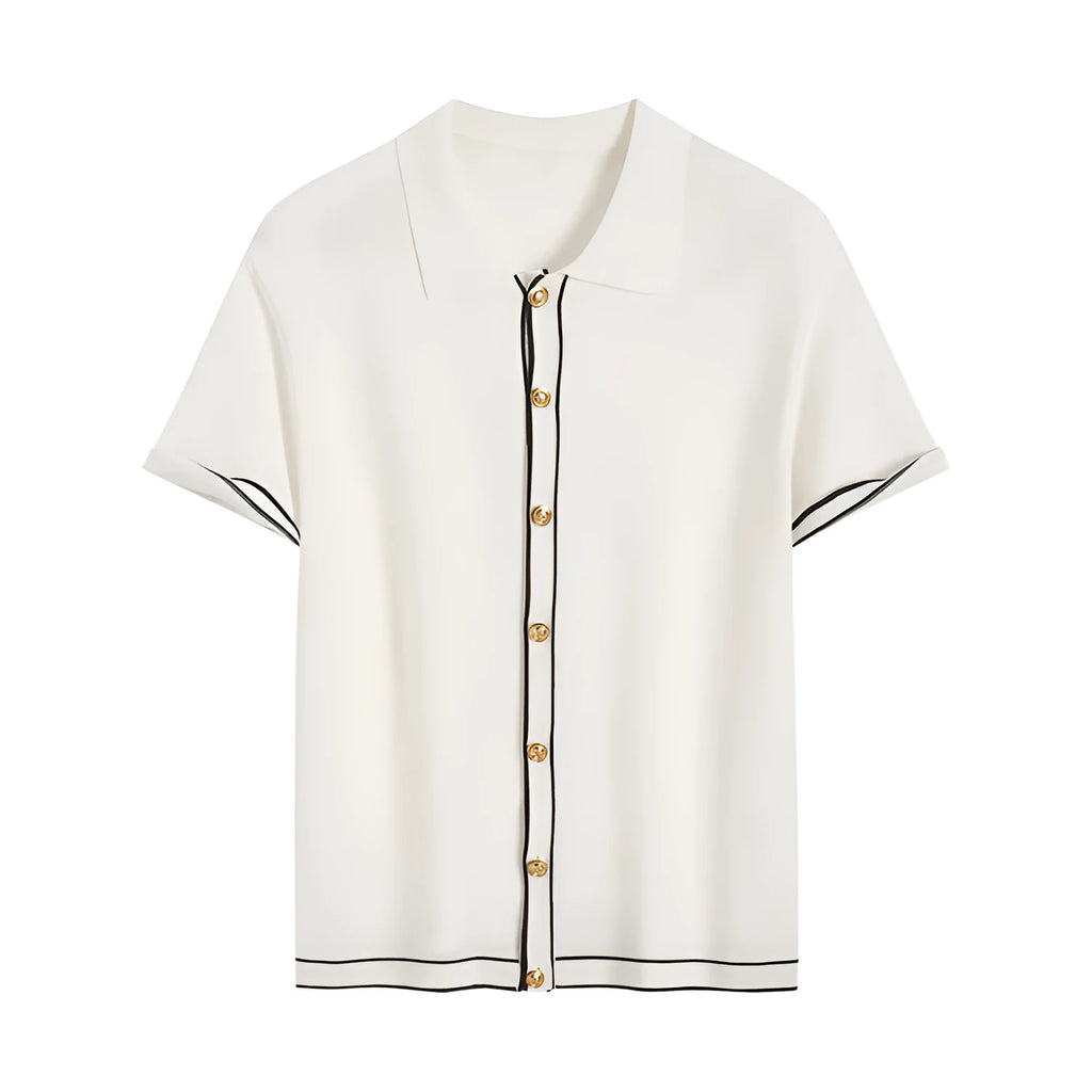 White short sleeve cardigan with dark contrast lapels, showing front view.