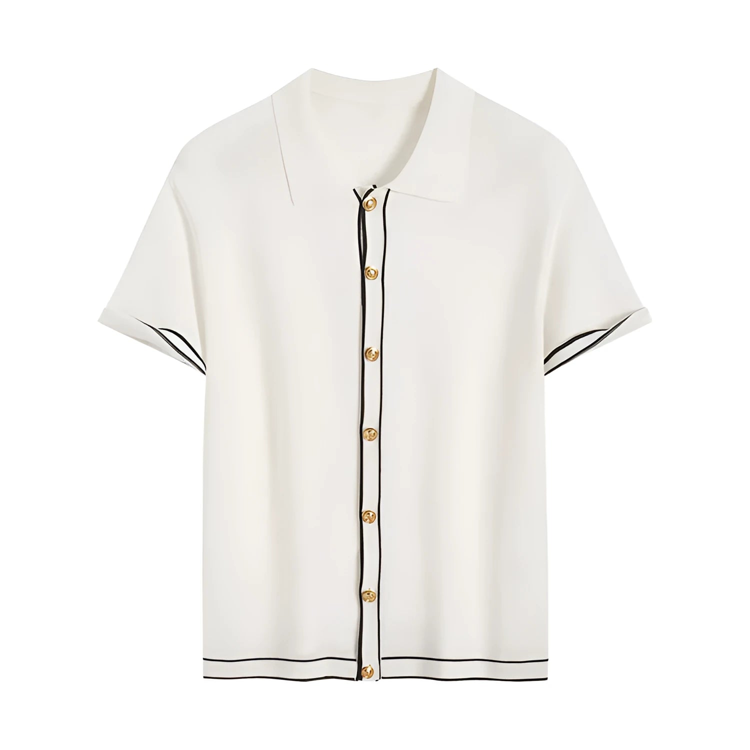 White short sleeve cardigan with dark contrast lapels, showing front view.