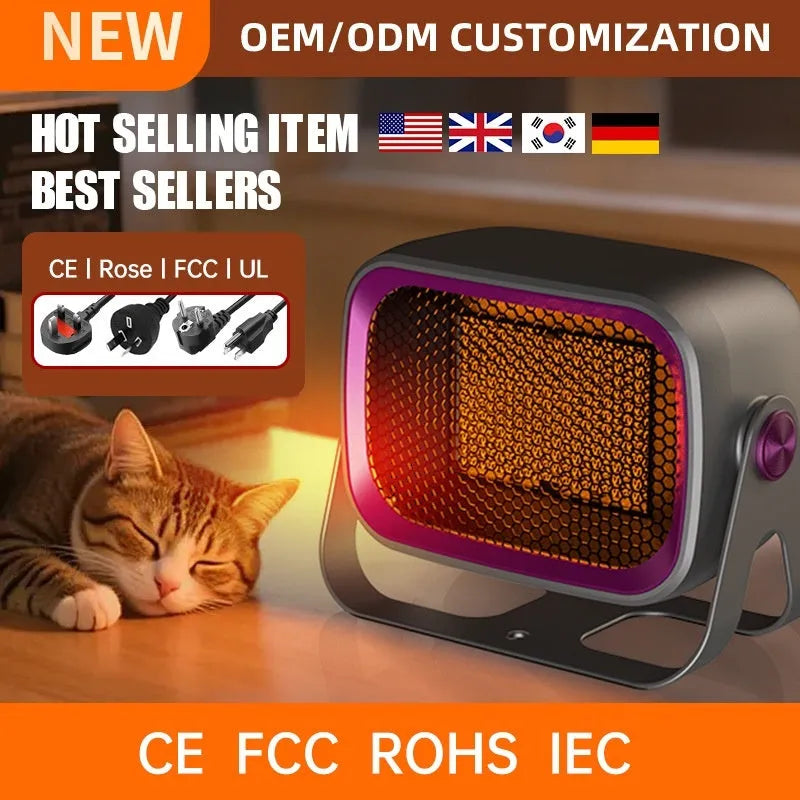 White ceramic desktop electric heater with rotatable base and push-button controls.