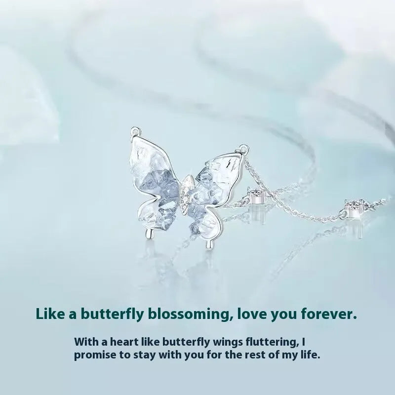S925 silver butterfly necklace with ice rain pendant on O-ring chain, adjustable 41-50cm perimeter