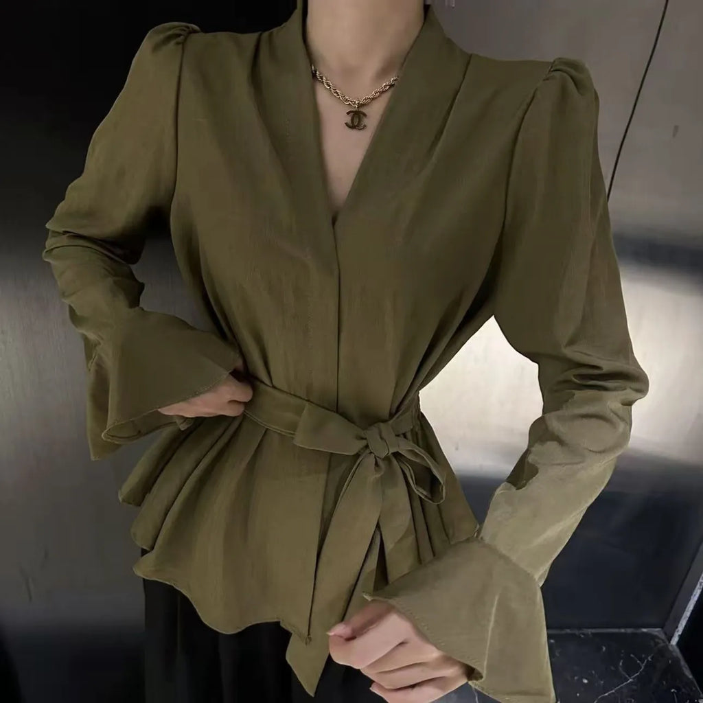 Women's French-style irregular collar long sleeve shirt with bell sleeves and tied front in black colour