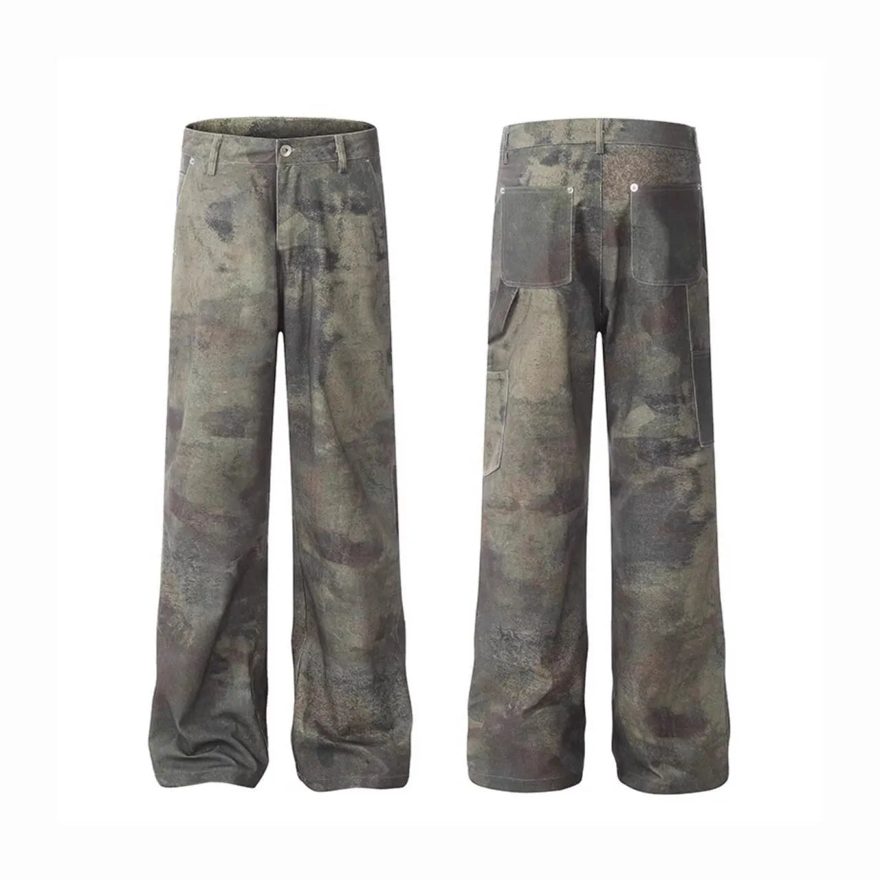 Men's digital camouflage straight leg jeans in cotton denim with retro pattern and mid waist fit