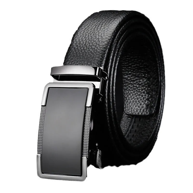 Men's leather belt with automatic comfort click buckle in gun black, silver, or gold finish