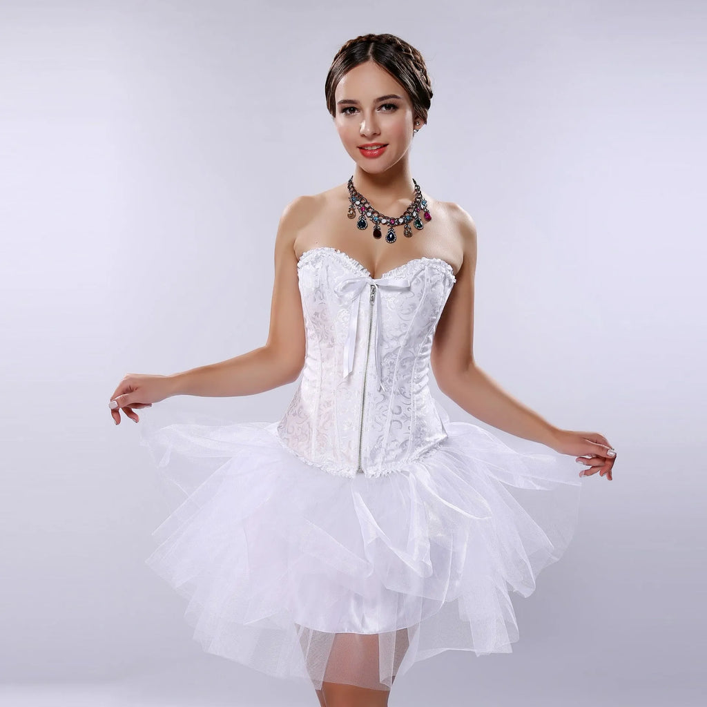Women's black jacquard corset with a front vertical zip closure, shown on a mannequin.