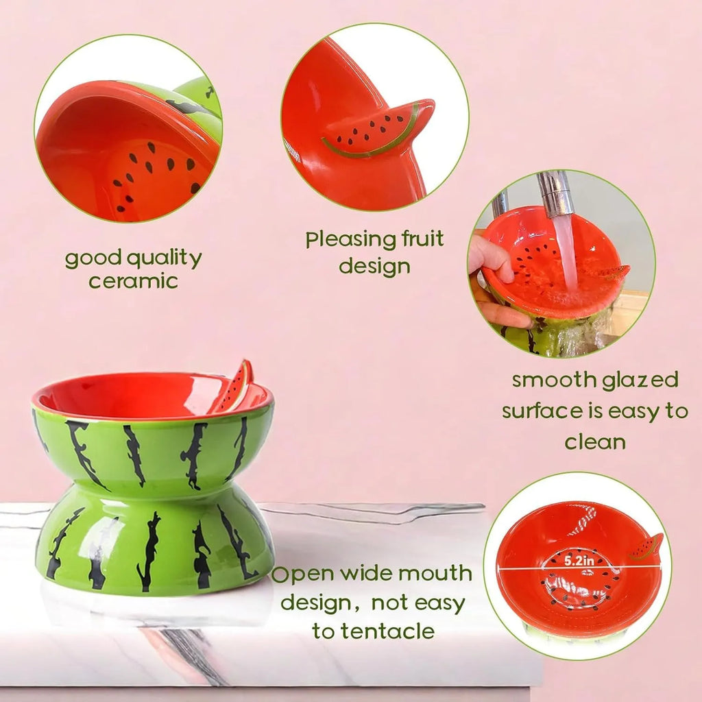 Ceramic raised cat food bowl with tilted design in a colourful pattern, showing slip-resistant base.