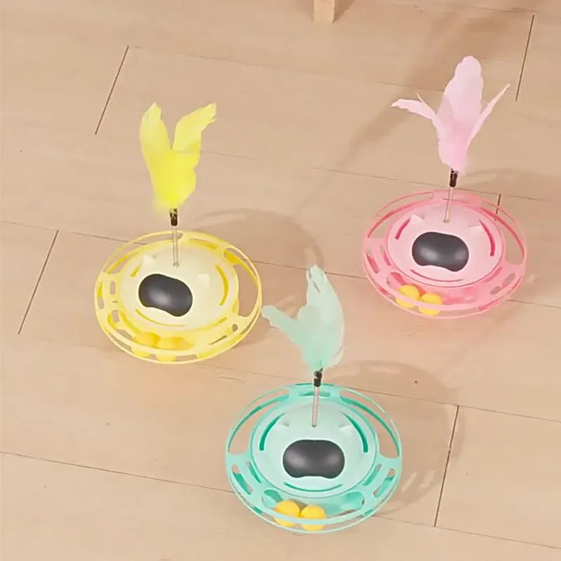 Pink cat tumbler turntable toy with moving stick measuring 17x10cm for interactive feline play