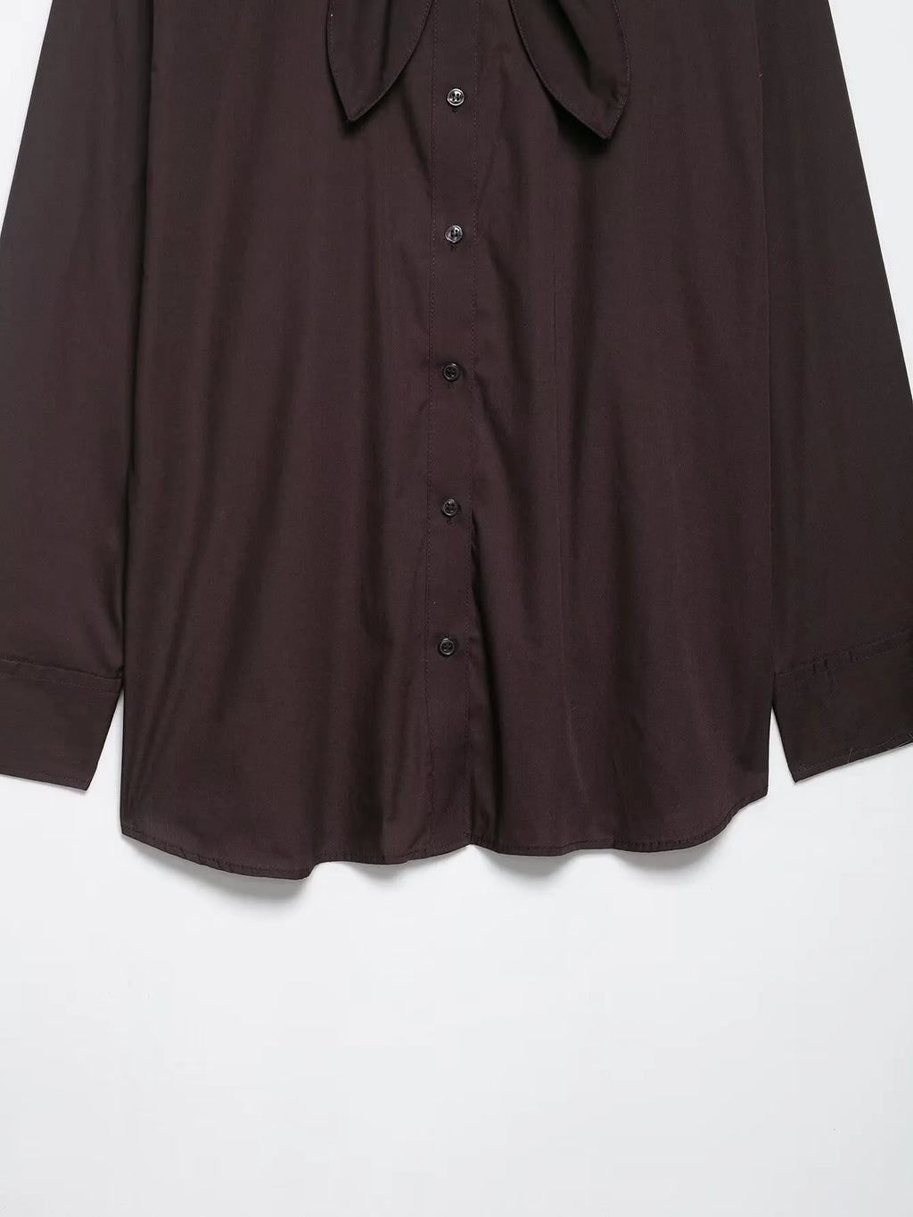 Brown women's poplin shirt with scarf detail and bow tie in cardigan style