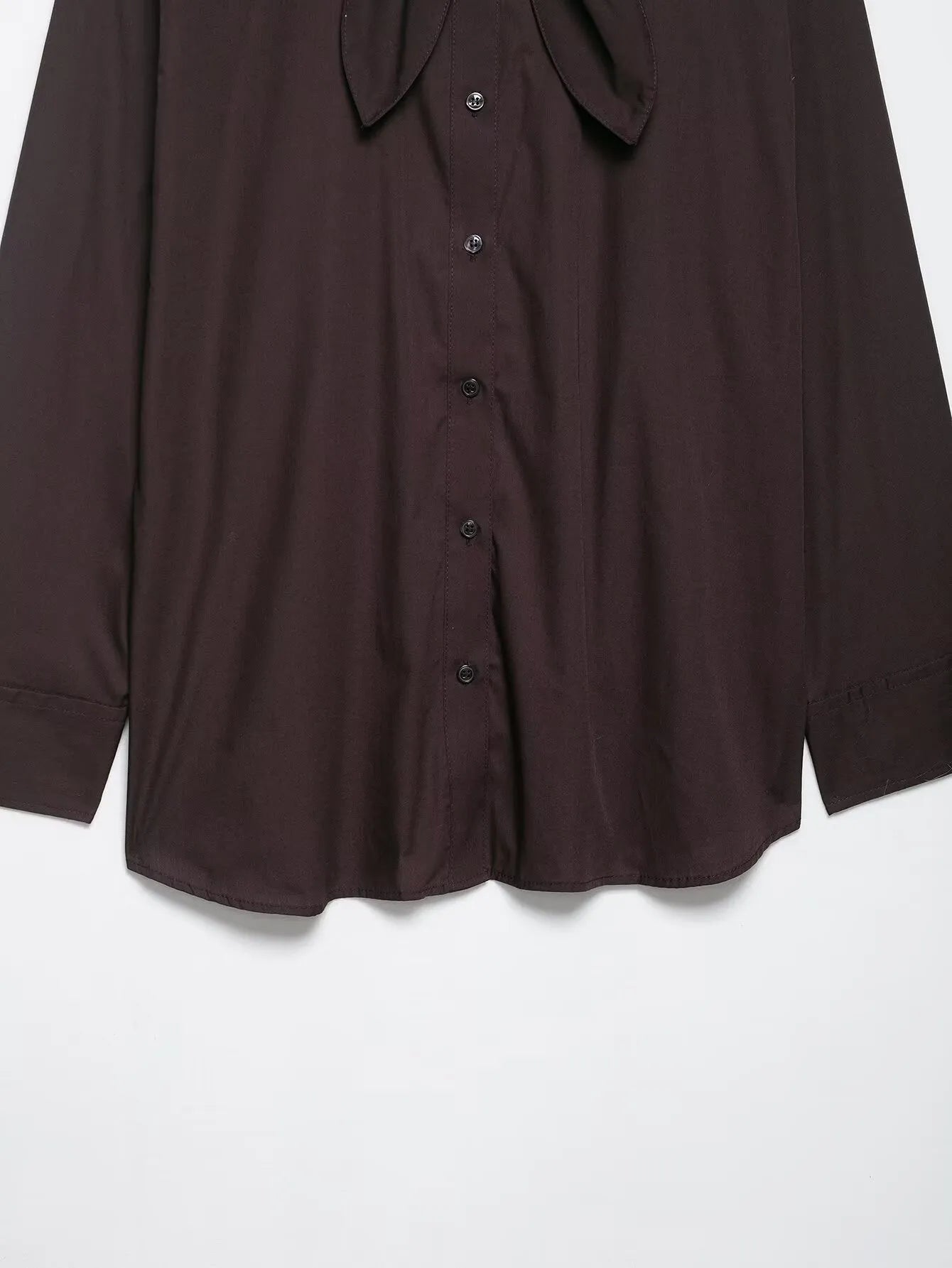 Brown women's poplin shirt with scarf detail and bow tie in cardigan style