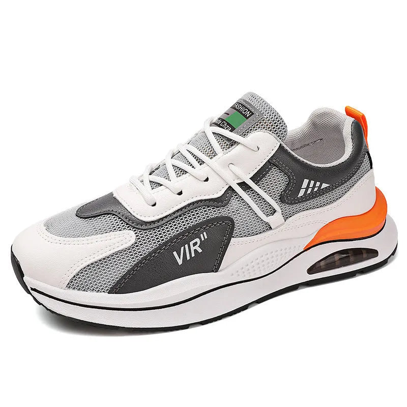 Men's grey mesh casual shoes with round toe and sewing thread details for summer running