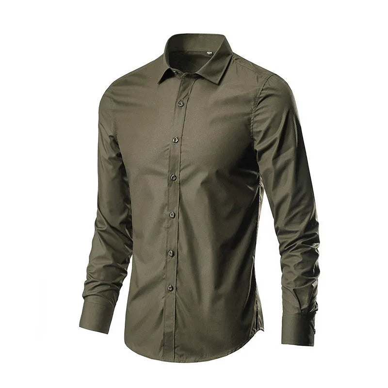 Man wearing a slim-fit long-sleeve linen shirt in a loose style, available in multiple colours.