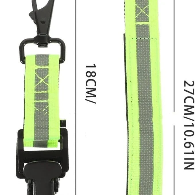Fluorescent green safety clip with metal buckle and reflective tape for fireman gloves.