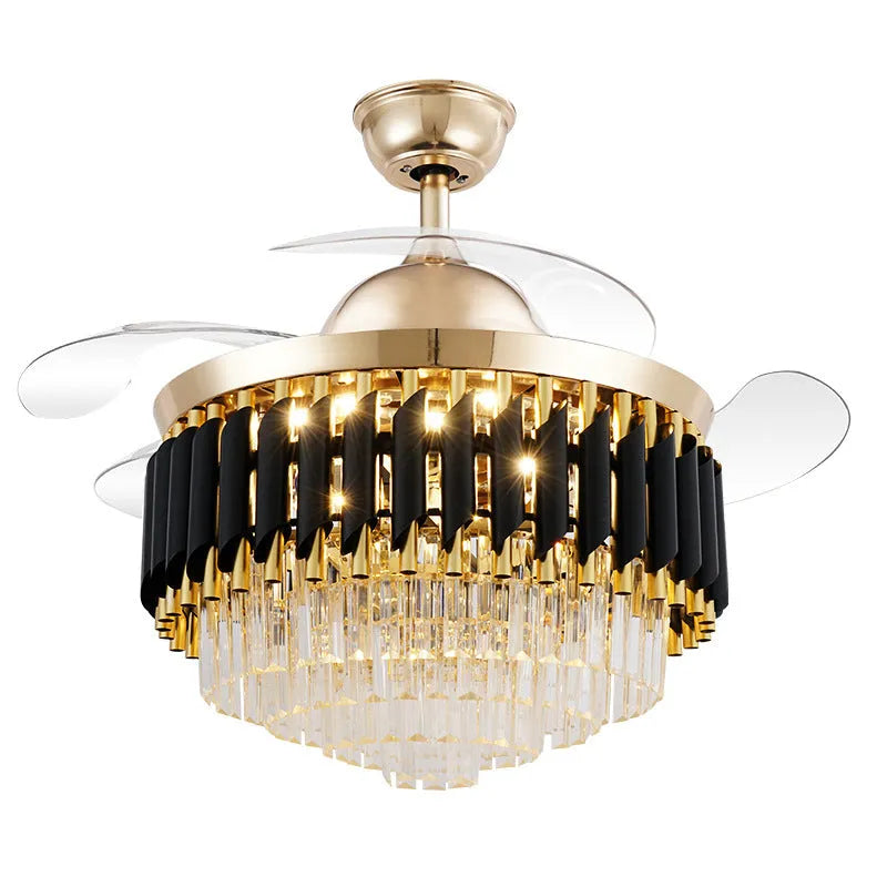 Crystal lampshade ceiling fan with light and remote control on a white ceiling.