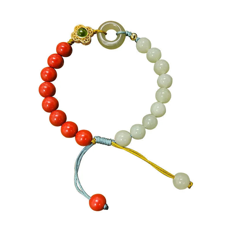 Hetian gray jade and cinnabar safety buckle bracelet with 8mm flower beads, retro style, women's accessory
