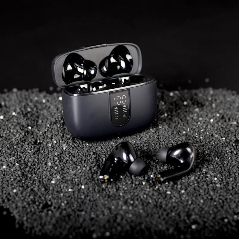 Jerry X08 black wireless Bluetooth in-ear headset with digital display and USB charging case.