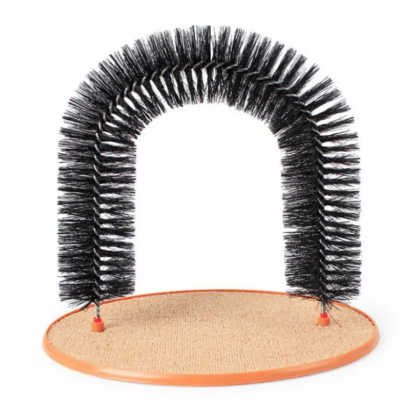 White plastic arched cat toy with rows of built-in brush bristles for scratching and grooming.