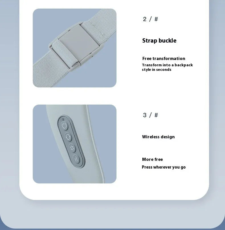 Grey elastic fabric neck massager with USB charging cable showing infrared physiotherapy function