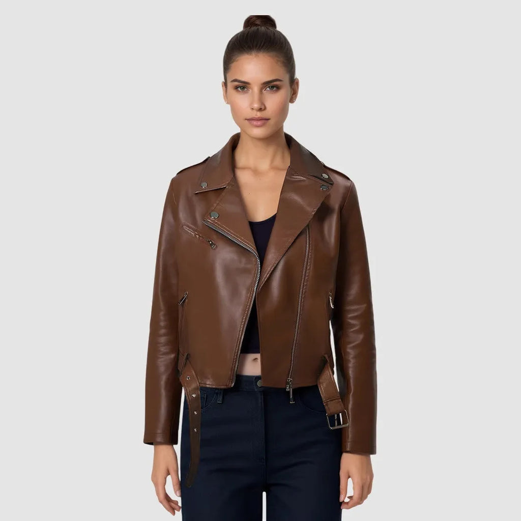 Women's black PU leather motorcycle-style jacket with lapel collar and waist belt on a hanger
