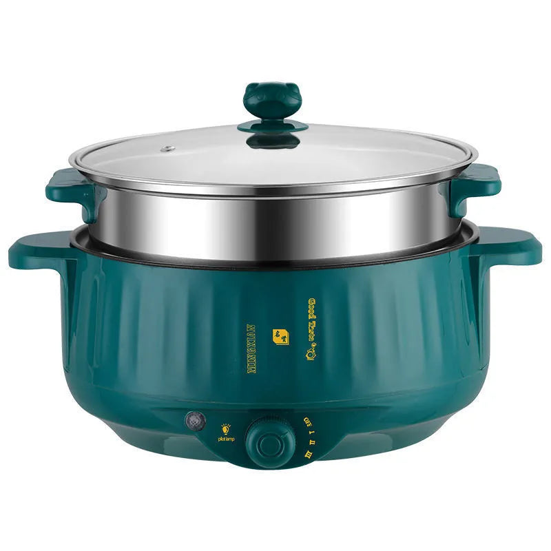 White and green non-stick electric multi-cooker pot with stainless steel body on a kitchen counter.