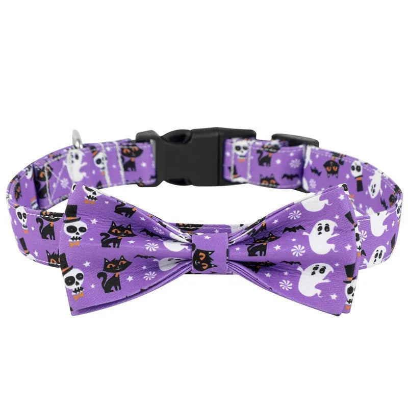 Adjustable polyester dog collar with cartoon pattern in black, purple, white, and yellow