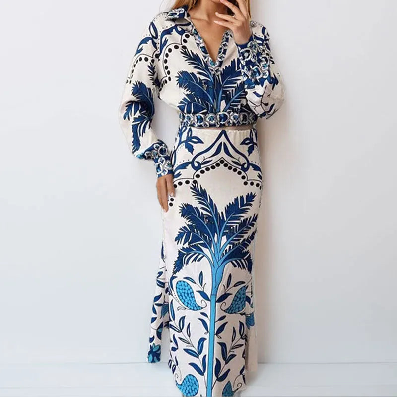 Women's early spring casual co-ord set featuring a long sleeve top and long skirt in picture colour.