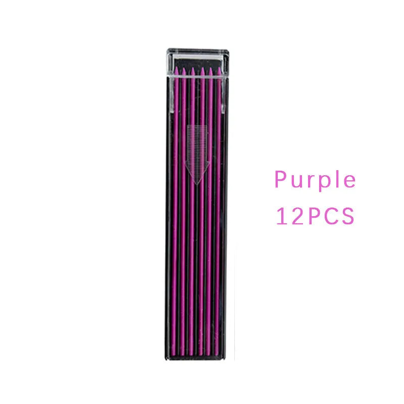 Plastic case containing 12 pieces of 0.5mm erasable mechanical pencil lead refills in rainbow and standard colours