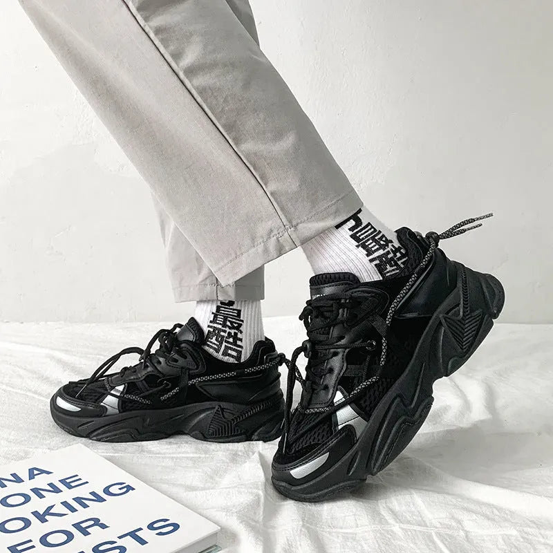 Men's Korean style platform dad shoes with lace-up front and mesh lining in white colour