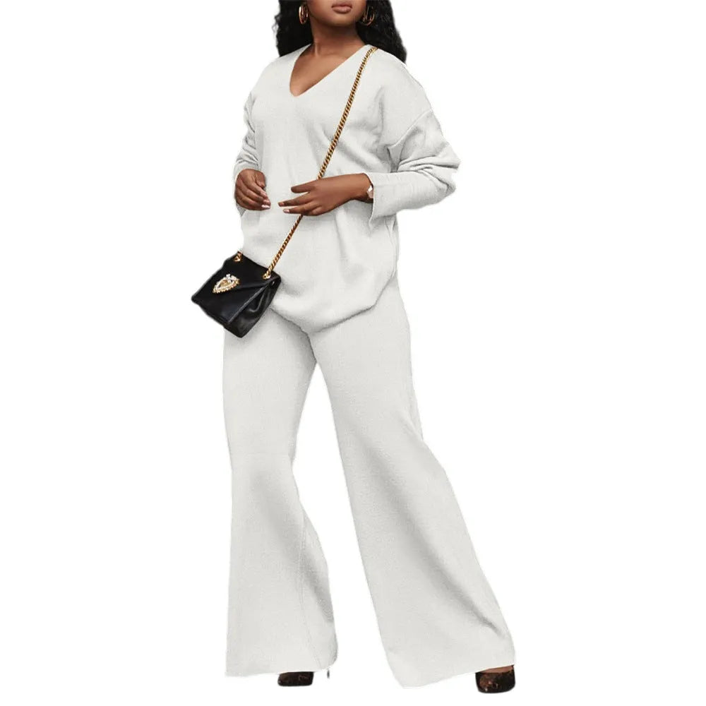 Women's brown thickened suede two-piece suit with split sleeve design and matching trousers