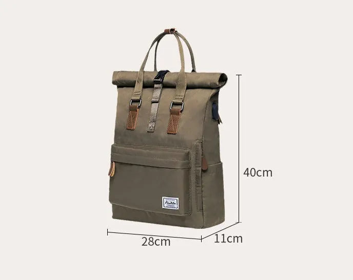 Polyester casual backpack in black, showing cover flap opening and breathable back panel.