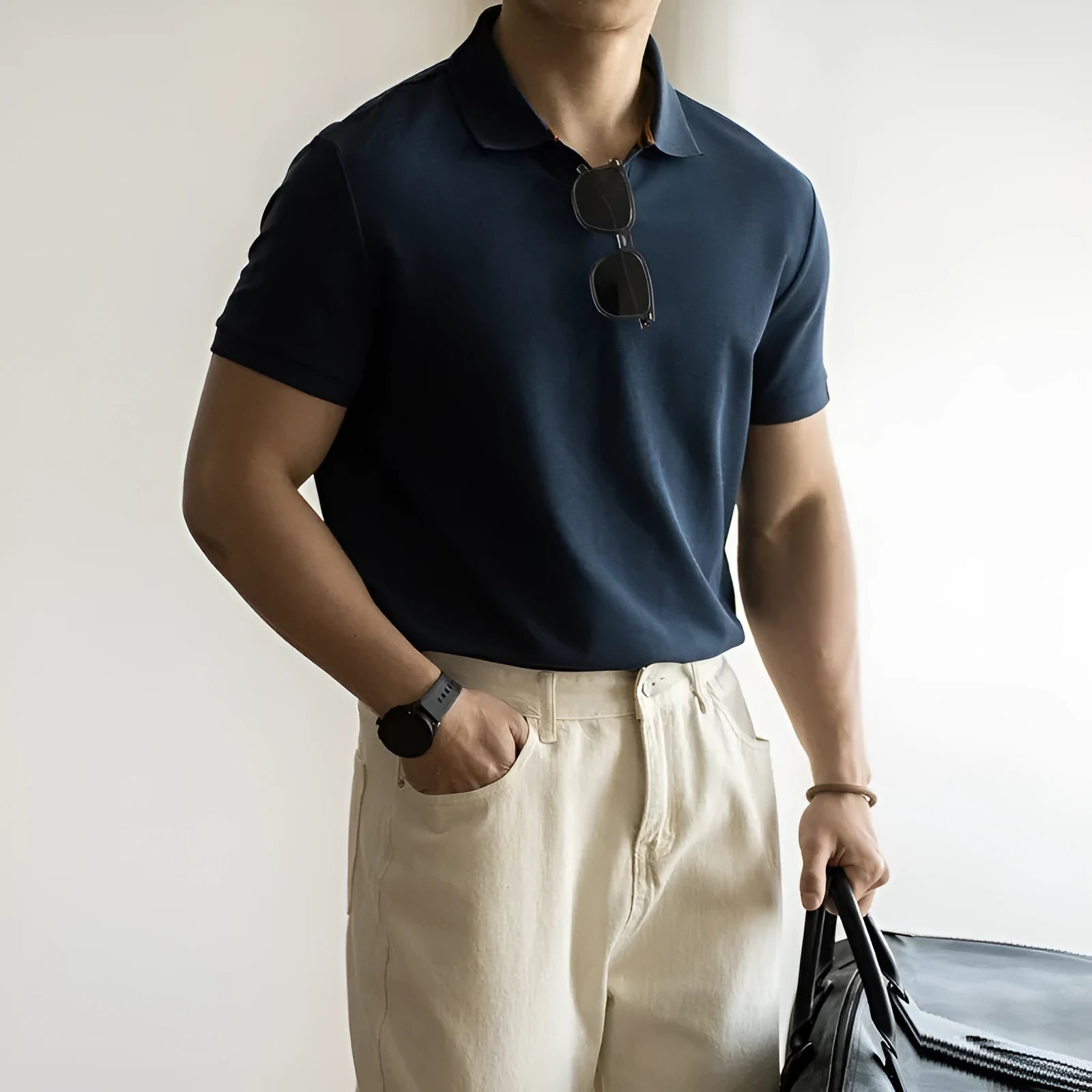 American-style short-sleeved polo shirt in blue black and white cotton blend fabric