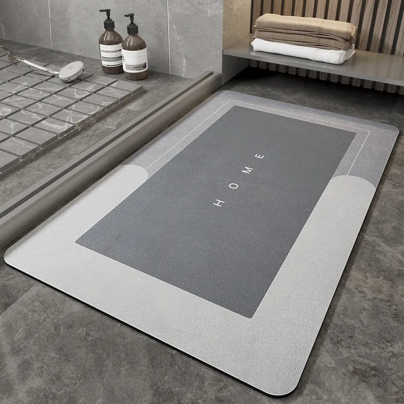 Bathroom floor mat in blue colour, oval shape, showing machine-woven blended texture