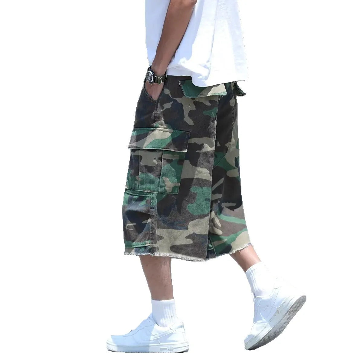 American retro workwear style camouflage shorts in loose fit design with cropped length