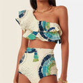 White women's one-shoulder swimsuit with double-layer lotus leaf skirt and high leg split design