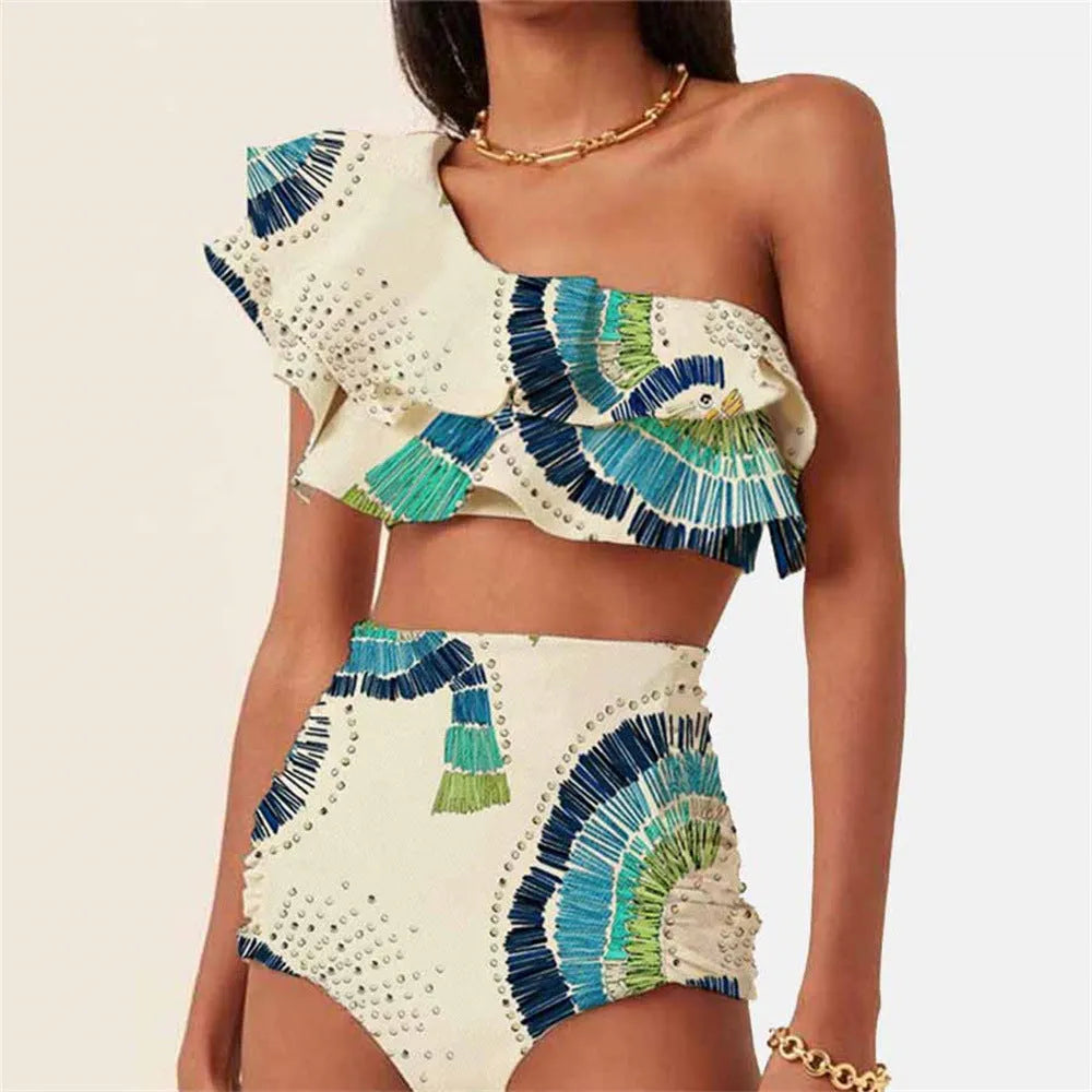 White women's one-shoulder swimsuit with double-layer lotus leaf skirt and high leg split design