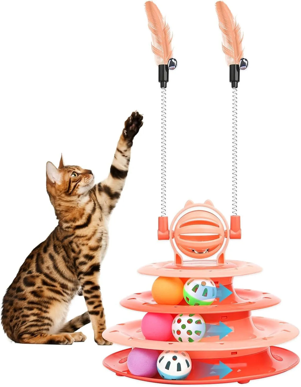 Blue 4-tier interactive cat puzzle toy carousel with six coloured balls and two teasing rods.
