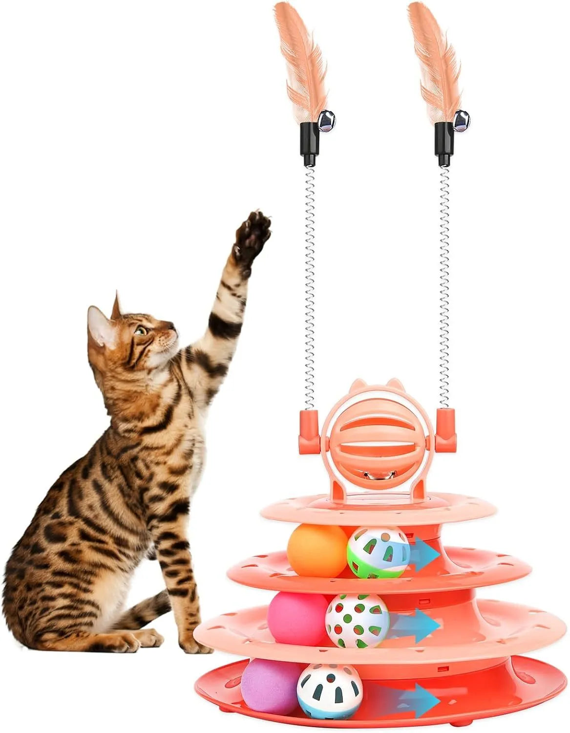Blue 4-tier interactive cat puzzle toy carousel with six coloured balls and two teasing rods.